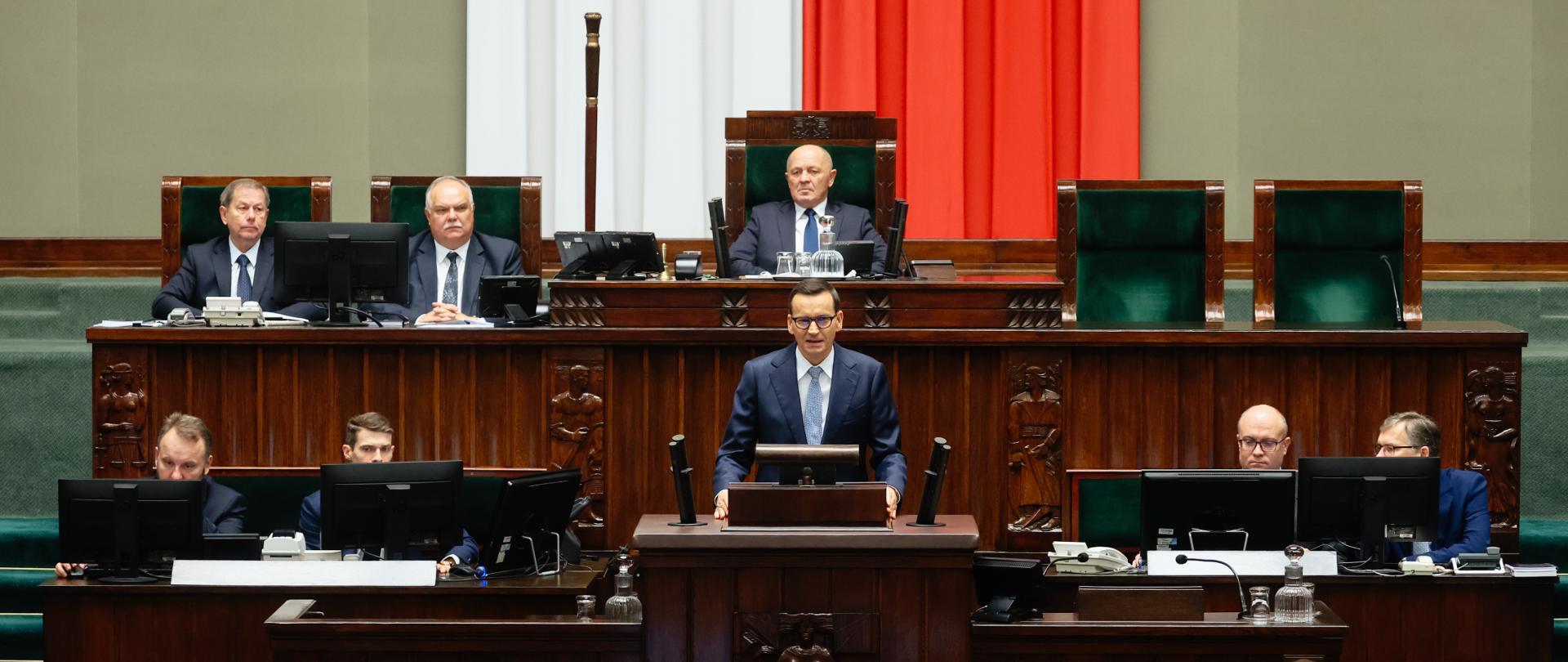Premier Mateusz Morawiecki podczas wystąpienia w Sejmie RP.