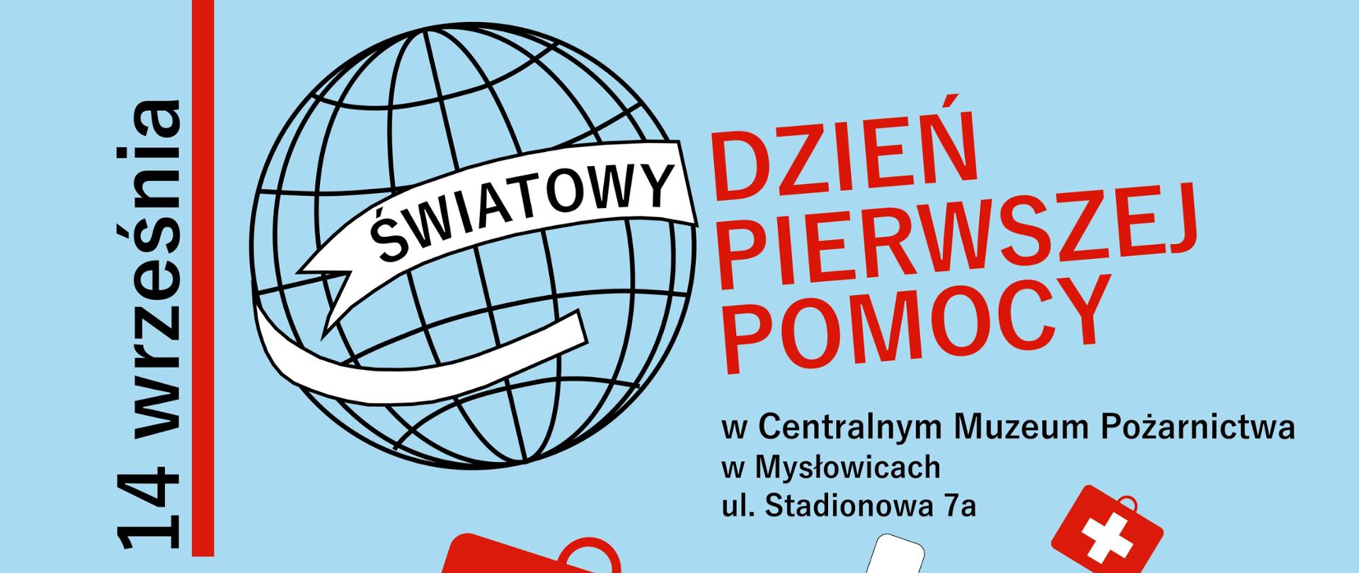 Zdjęcie przedstawia baner promujący Światowy Dzień Pierwszej Pomocy - który odbędzie się 14 września 2024 roku.