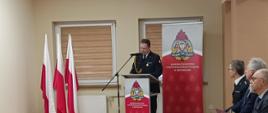 Zdjęcie przedstawia komendanta powiatowego PSP podczas omawiania materiału analitycznego. Funkcjonariusz stoi przy mównicy, w tle stojak z flagami Polski i baner Komendy Powiatowej PSP.