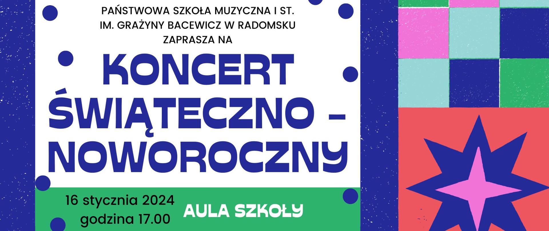 Na granatowo-czerwono-białym tle znajdują napisy informacyjne w kolorach granatowym, czarnym i białym oraz grafiki kwadratów w kolorach błękitnym, zielonym, różowym, granatowym, a także grafika gwiazdy w kolorach granatowym i różowym.