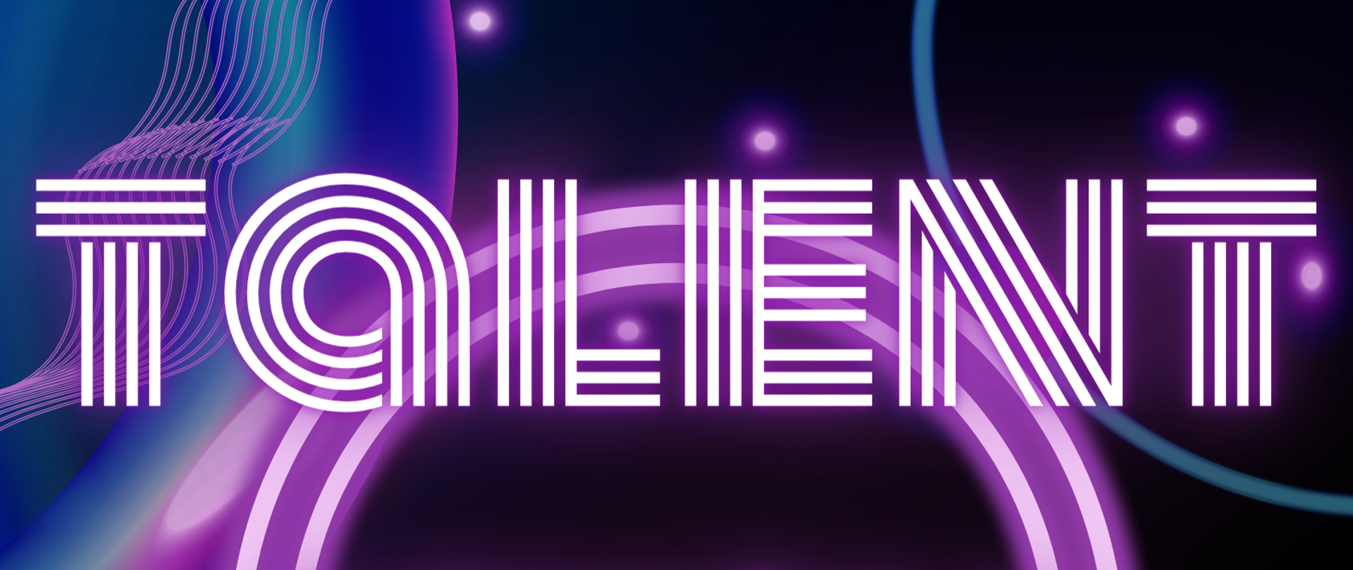 Plakat w kolorach czarnym, niebieskim, fioletowym przedstawiający zaproszenie do udziału w konkursie Talent 2024. Liternictwo jest białe - każda litera składa się z czterech linii.