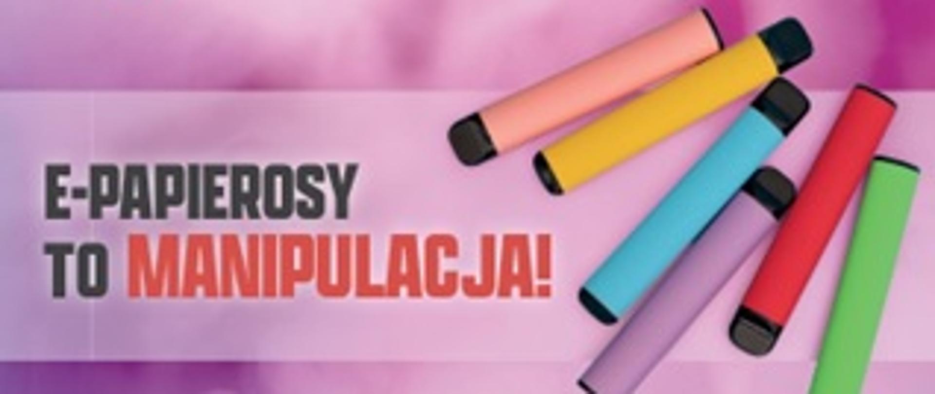 na zdjęciu na różowo niebieskim tle w prawym rogu zamieszczone wizerunki e-papierosów jest ich sześć w różnych kolorach. na dole zdjęcia w prawym rogu jest kod Qr przekierowujący na Quiz