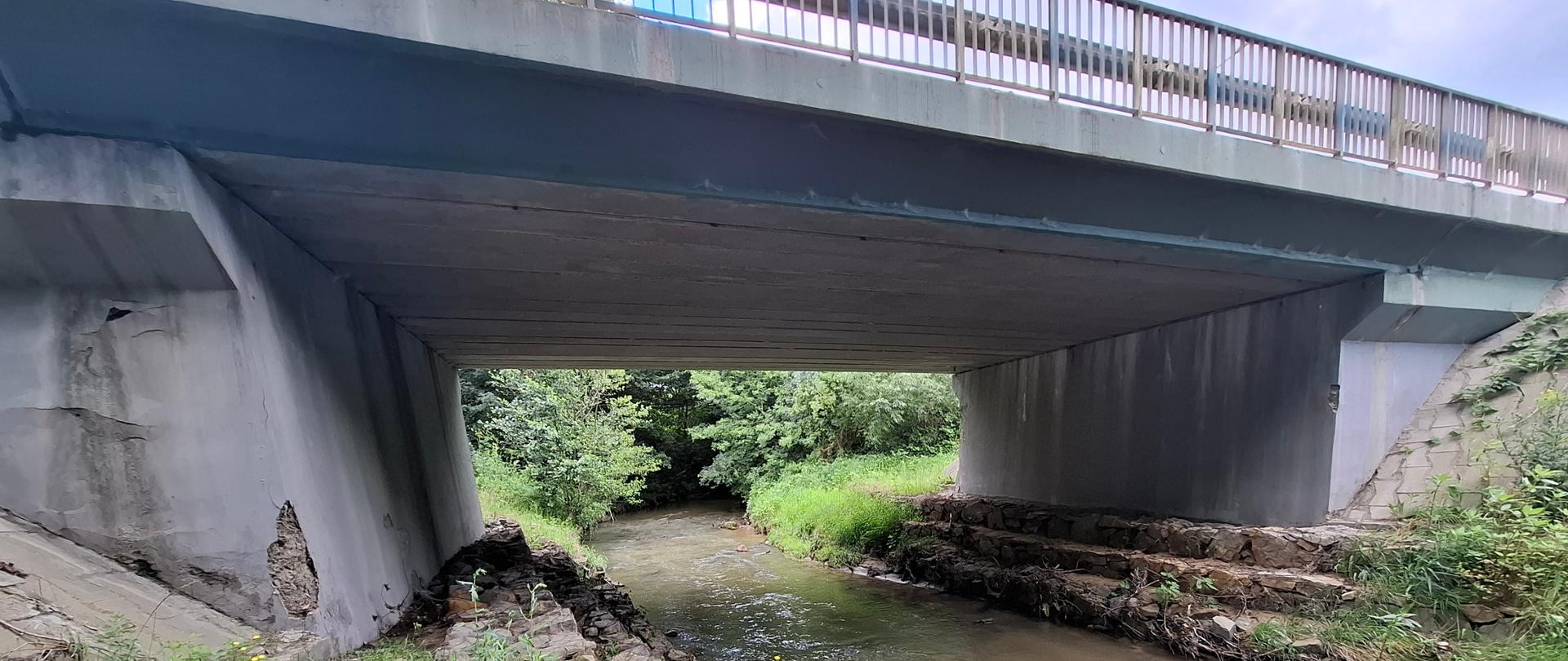 Na zdjęciu widać most, który przeznaczony jest do remontu. Widać rzekę. Zdjęcie mostu zrobione z poziomu rzeki. 