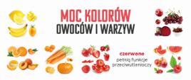 Owoce i warzywa podzielone kolorystycznie na czerwone, zielone, pomarańczowe, niebieskie