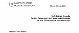 List gratulacyjny z okazji Jubileuszu trzydziestopięciolecia Szkoły