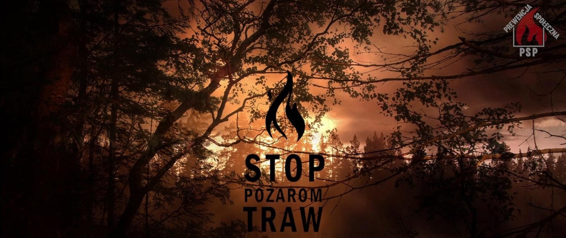 grafika przedstawia na tle płonącego lasu napis "Stop Pożarom Traw" . W prawym górnym rogu ikona prewencji społecznej PSP