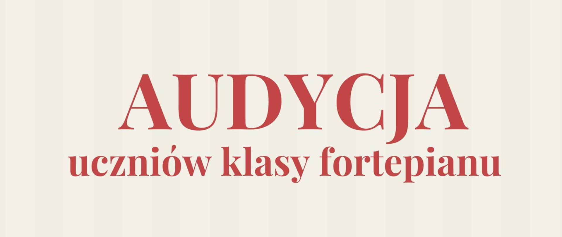 Minimalistyczny plakat, którego centralnym punktem jest płaska, wektorowa ilustracja czarnego fortepianu z otwartą klapą, zwróconego przodem do widza. Tło podzielone jest na dwie kontrastujące strefy: dominującą, kremową górę o strukturze w subtelne, pionowe prążki oraz dolny, szeroki pas w odcieniu zgaszonej czerwieni, na którym "stoi" instrument. Na samej górze umieszczono duży tytuł zapisany czerwoną, elegancką czcionką szeryfową. Pozostałe, czarne napisy o prostym kroju rozmieszczono symetrycznie: nad fortepianem oraz po obu stronach na dolnym, czerwonym pasku.