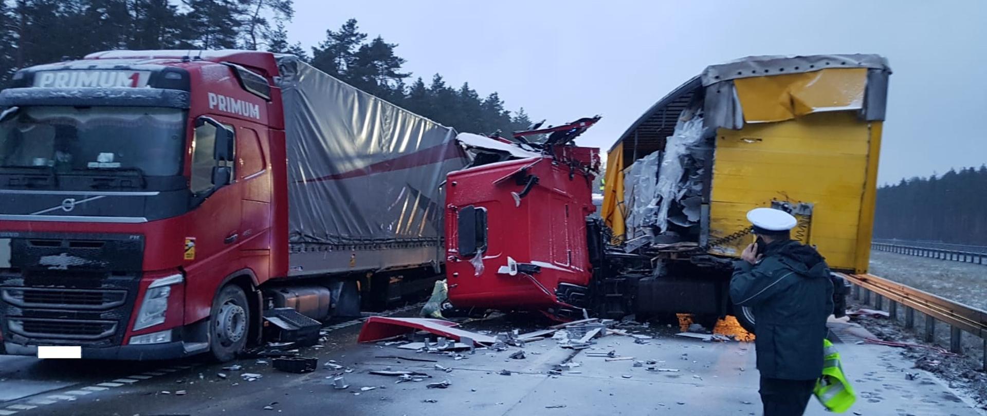 Zdjęcie zrobione na tle drzew na autostradzie A1 w kierunku Częstochowy. Na zdjęciu widać ciągnik siodłowy z naczepą oraz drugi ciągnik siodłowy przewrócony na lewy bok i jego uszkodzoną naczepę. Z prawej strony, przed uszkodzoną naczepą widać jednego inspektora transportu drogowego w umundurowaniu służbowym.
