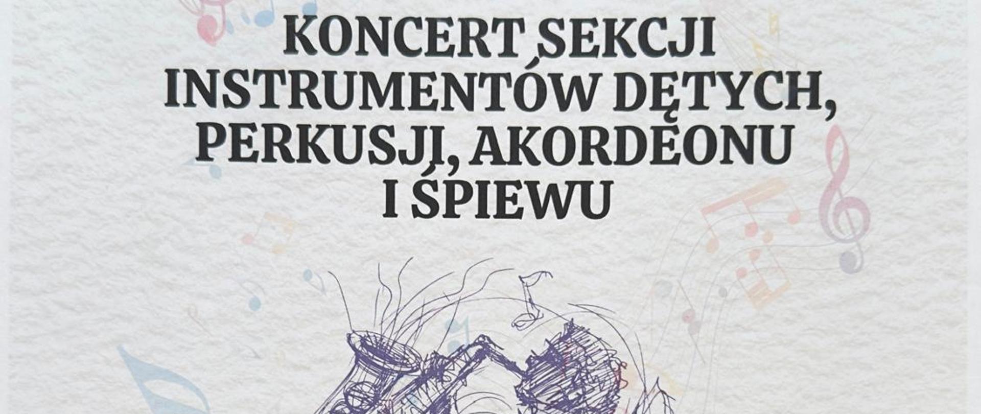Plakaty tło jasne w rogach pastelowe rysunki kwiatów oraz zwierząt typu motyl ptak ważka kolorowy klucz z wygiętą pięciolinią i kolorowymi nutkami po środku kreską szkic ukazujący grającego saksofonistę saksofon uniesiony do góry napis czarny państwowa szkoła muzyczna pierwszego i drugiego stopnia imienia Witolda Lutosławskiego w Nysie zapraszam na koncert sekcji instrumentów dętych perkusji akordeonu i śpiewu 3 kwietnia 2025 godzina 15:30 sala koncertowa im Jerzego Kozarzewskiego