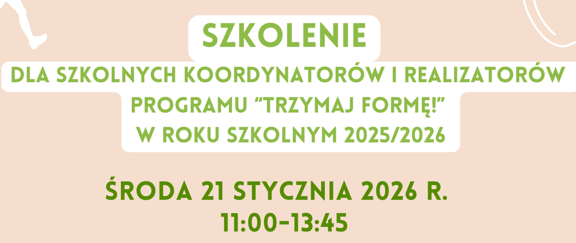 Plakat zapraszający na szkolenie TRZYMAJ FORMĘ dla szkolnych koordynatorów i realizatorów programu TF na terenie powiatu myślenickiego, data: 21.01.2026, godzina 11:00-13:45. Zapisy do 16.01.2026, udział w szkoleniu bezpłatny. Organizator: PSSE w Myślenicach. 