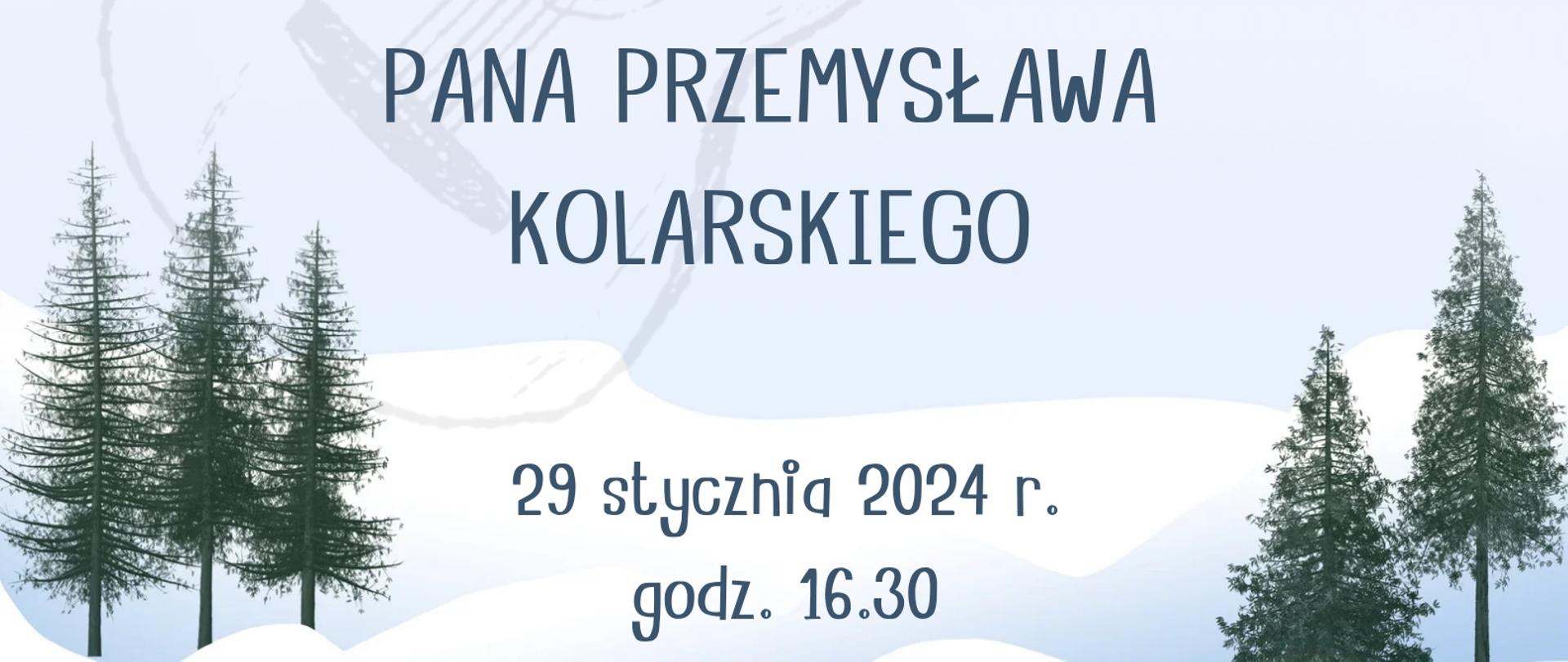 Plakat na jasnoniebieskim tle imitującym jasne niebo i zaspy śnieżne. Wśród zasp widać pojedyncze zielone choinki. Od góry nazwa szkoły, niżej nazwa koncertu, jeszcze niżej nauczyciel, czas i miejsce wydarzenia. Na środku, pod napisami widoczna jest grafika gitary. 