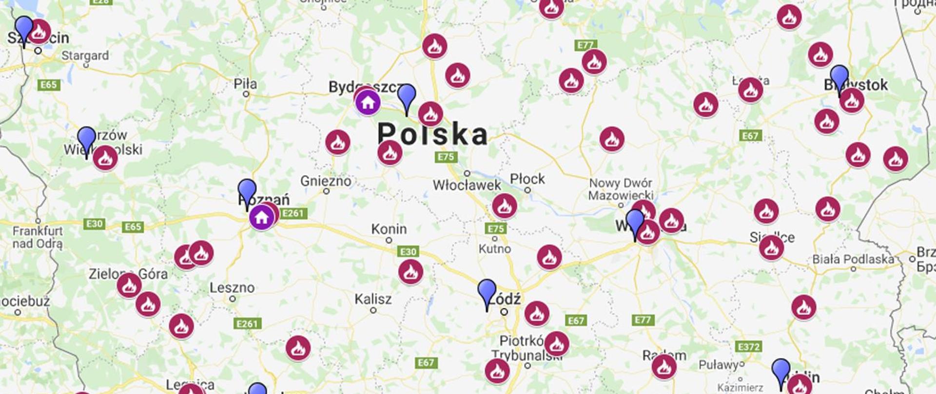 Mapa Polski z wykazem sal edukacyjnych