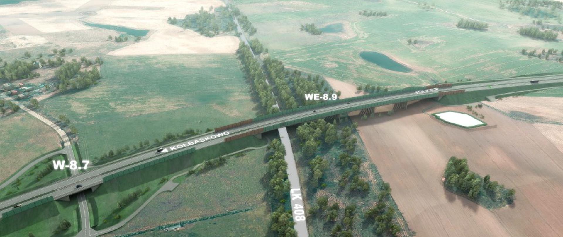 Widok z lotu ptaka na wizualizację drogi ekspresowej przebiegającej przez tereny rolnicze i zadrzewione. Na obrazie widać kilka wiaduktów oznaczonych jako W‑8.7 oraz WE‑8.9, a także przebieg linii kolejowej LK 408 pod jednym z obiektów. Droga biegnie po estakadzie nad polami, łąkami i niewielkimi zbiornikami wodnymi. Wokół rozciągają się otwarte tereny wiejskie z rozproszonymi skupiskami drzew.