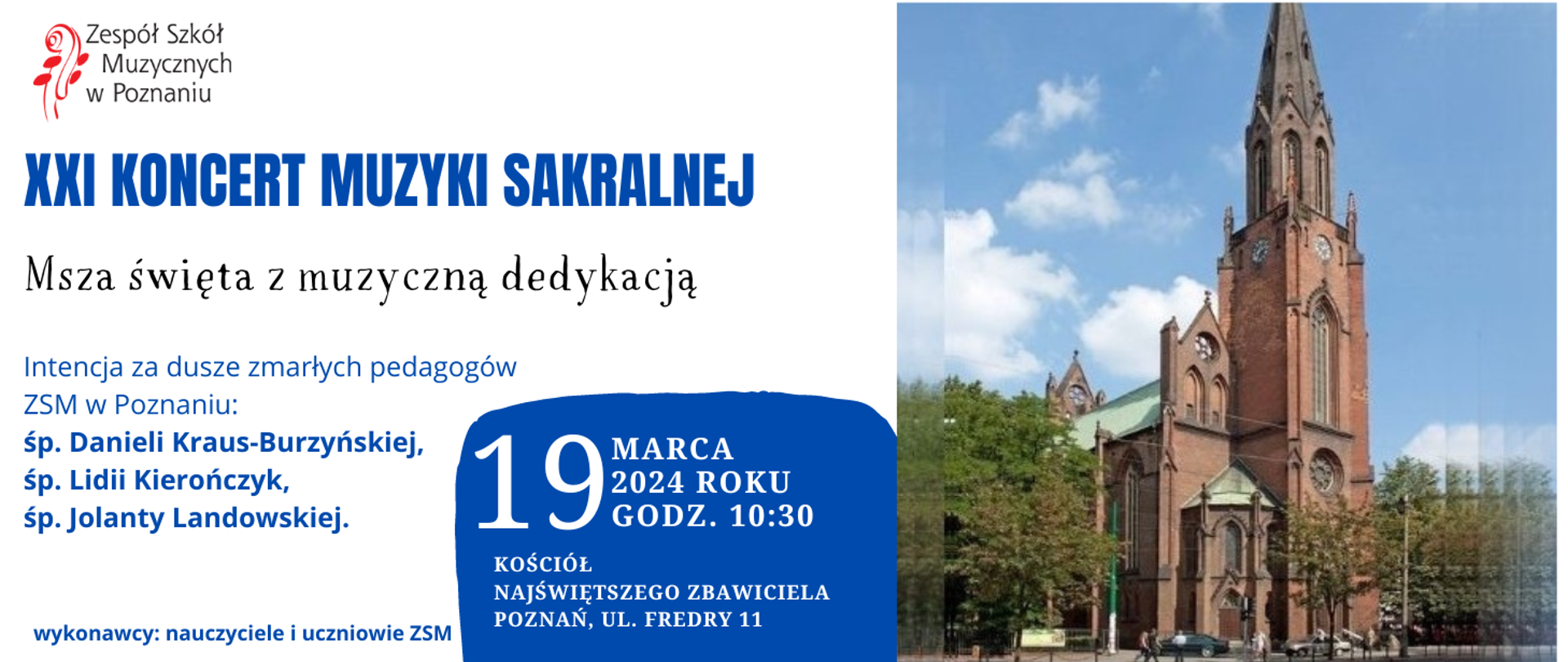 Baner na białym tle ze zdjęciem Kościoła Najświętszego Zbawiciela w Poznaniu, przy ul. Fredry 11. Msza św. 19 marca 2024 godz. 10;30