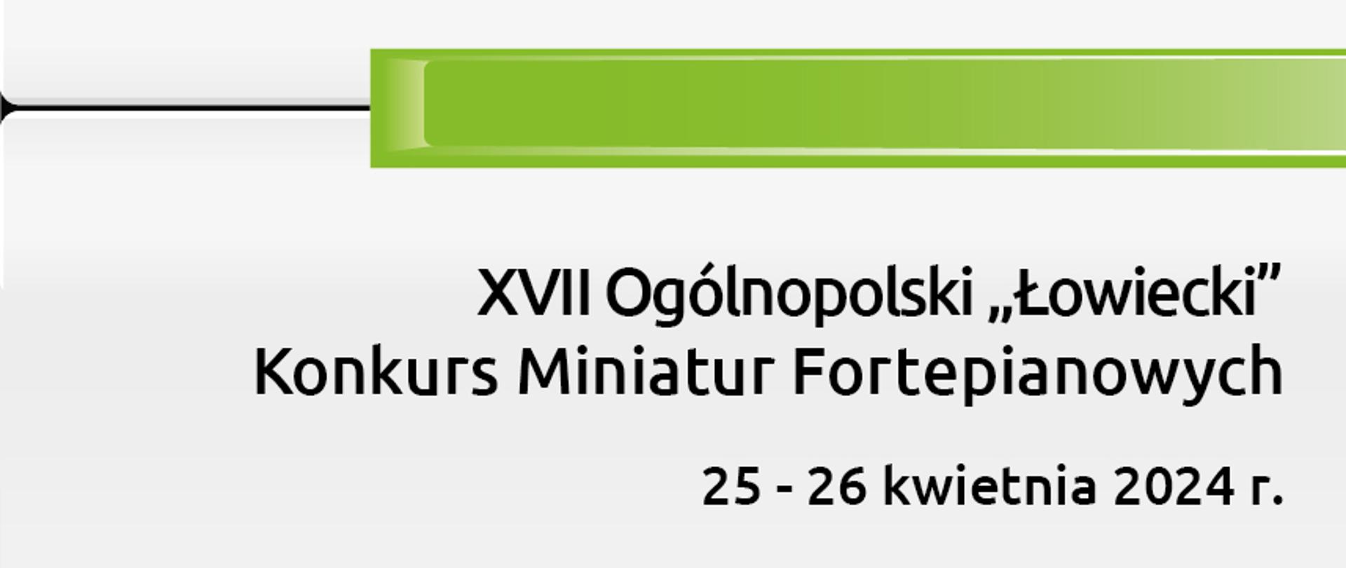 plakat w biało-zielonej tonacji, zawierający grafikę klawiszy fortepianu oraz tytuł konkursu i logo szkoły