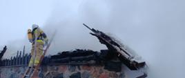 Pożar murowanego budynku gospodarczego – widoczny częściowo zawalony dach objęty ogniem i kłęby dymu unoszące się nad obiektem; strażak stojący na drabinie podaje jeden prąd wody do wnętrza palącego się budynku.