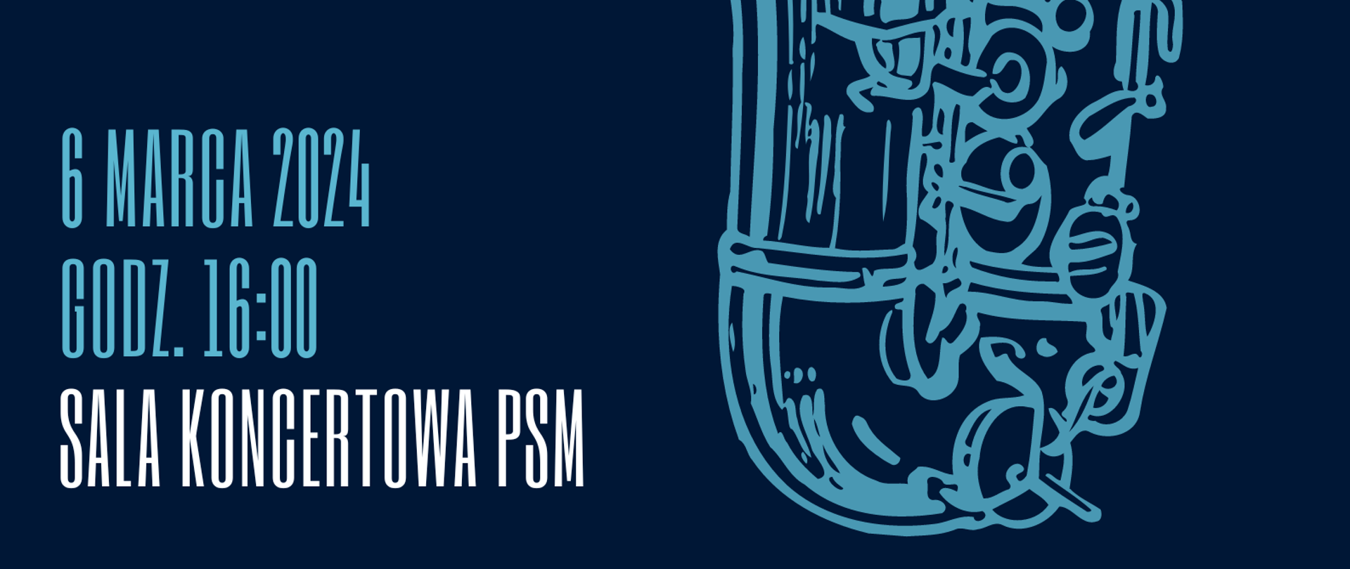 z prawej strony błękitna grafika saksofonu, z lewej informacja o terminie i miejscu audycji, całość na granatowym tle
