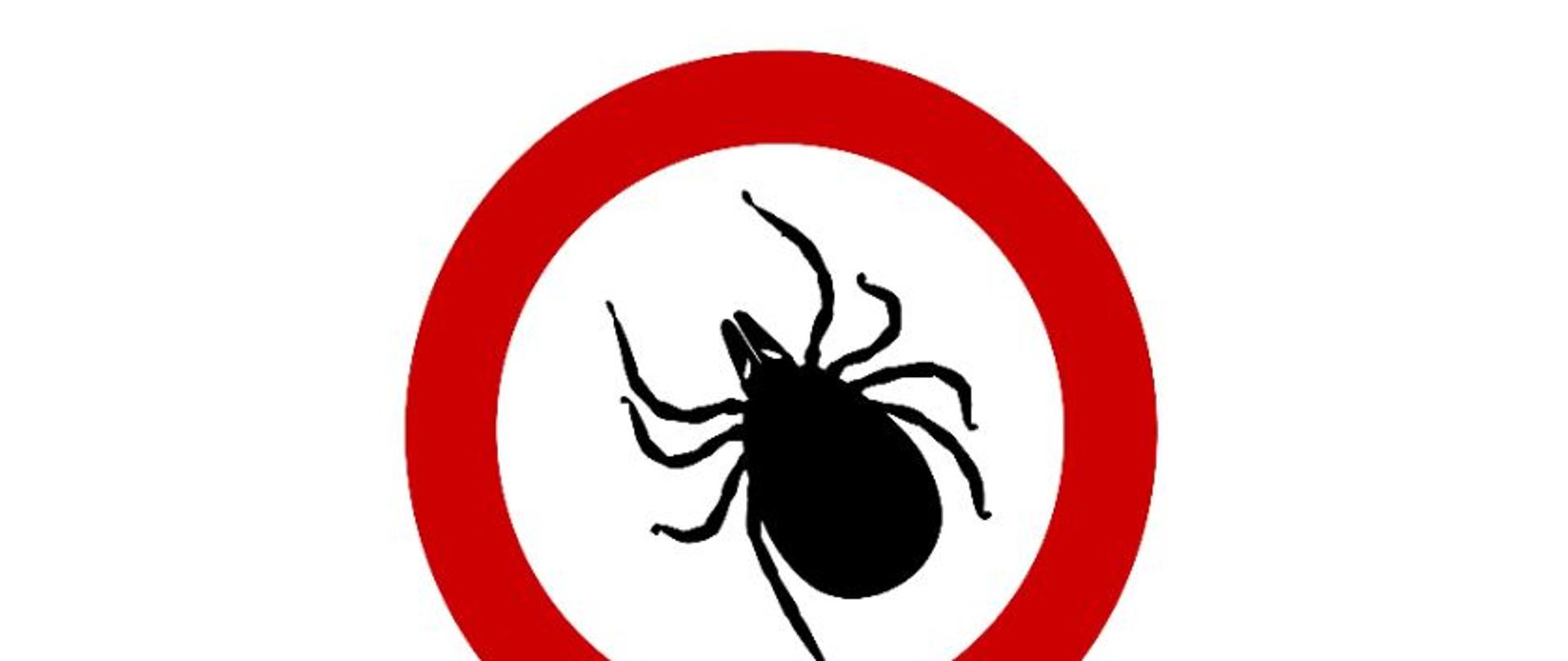 Na biały tle umieszczone jest czerwona obwódka w której umieszczony jest czarny kleszcz