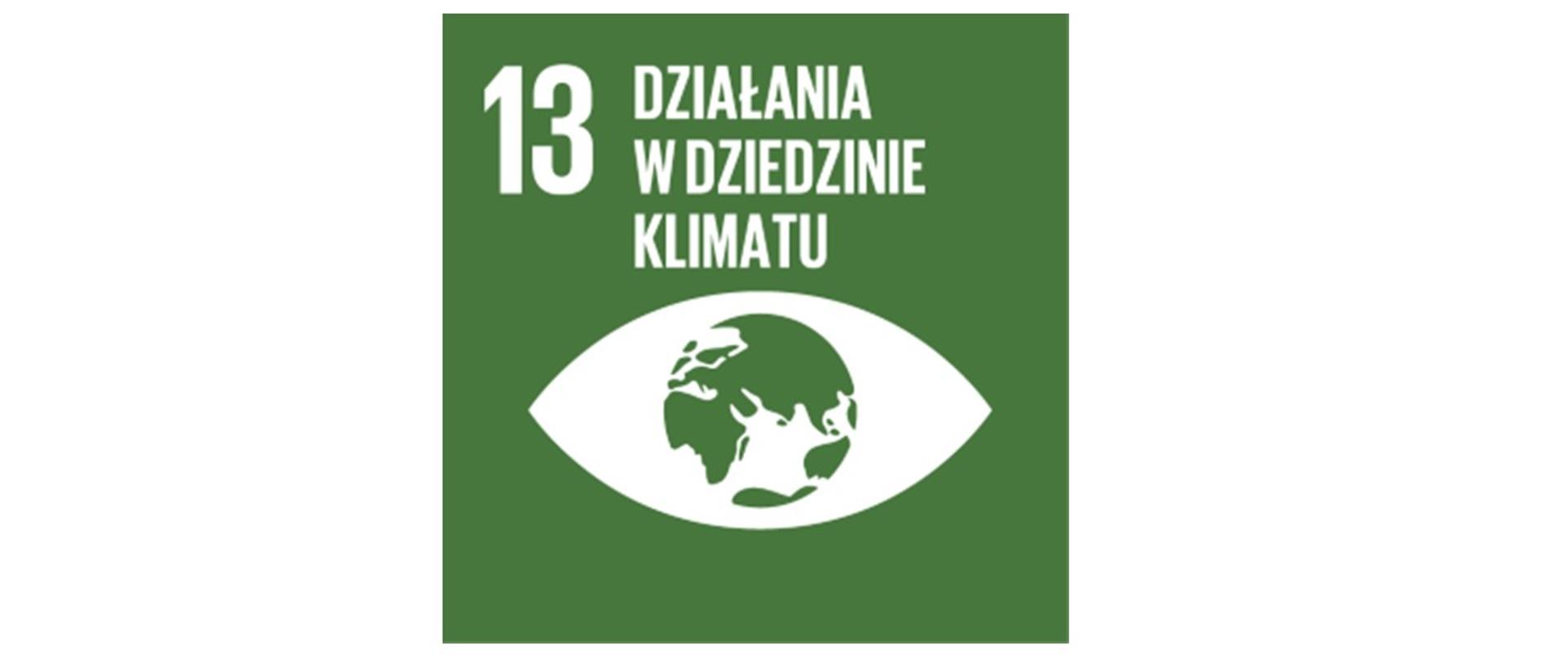 Na ciemnozielonym tle widnieje oko, a jego źrenicą jest kula ziemska, co symbolizuje cel 13 „Działania w dziedzinie klimatu”
