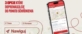 Grafika z nagłówkiem: „3 OPCJE, KTÓRE DOPROWADZĄ CIĘ DO PUNKTU SCHRONIENIA”.
Widoczne przyciski: „Trasa”, „Kompas”, „Nawiguj”.
Na ekranie smartfona widoczny tytuł: „Gdzie się ukryć”.
Sekcja: „Dane szczegółowe:” oraz przyciski „Trasa”, „Kompas”, „Nawiguj”.
Widoczny adres i informacja: „Dostępny całodobowo (24h)”