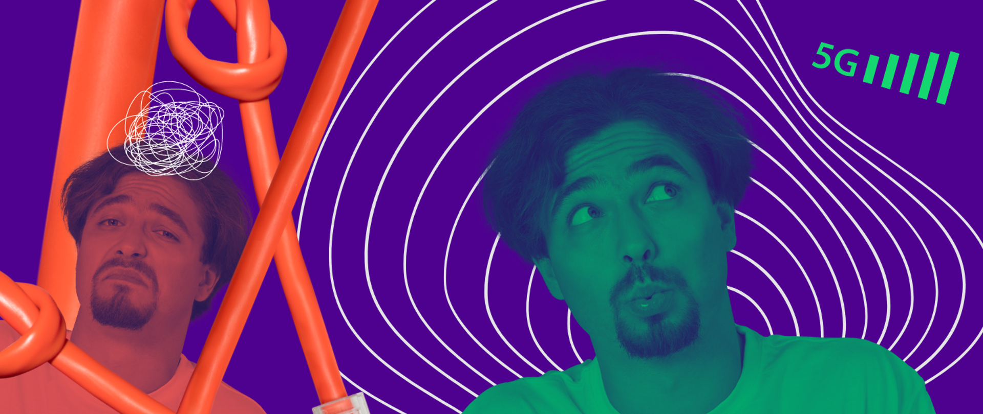 Grafika przedstawia dwóch mężczyzn: niezadowolonego, otoczonego czerwonymi kablami sieciowymi oraz drugiego, patrzącego z zainteresowaniem na symbol 5G i wskaźnik pełnego zasięgu telefonu w kolorze zielonym.