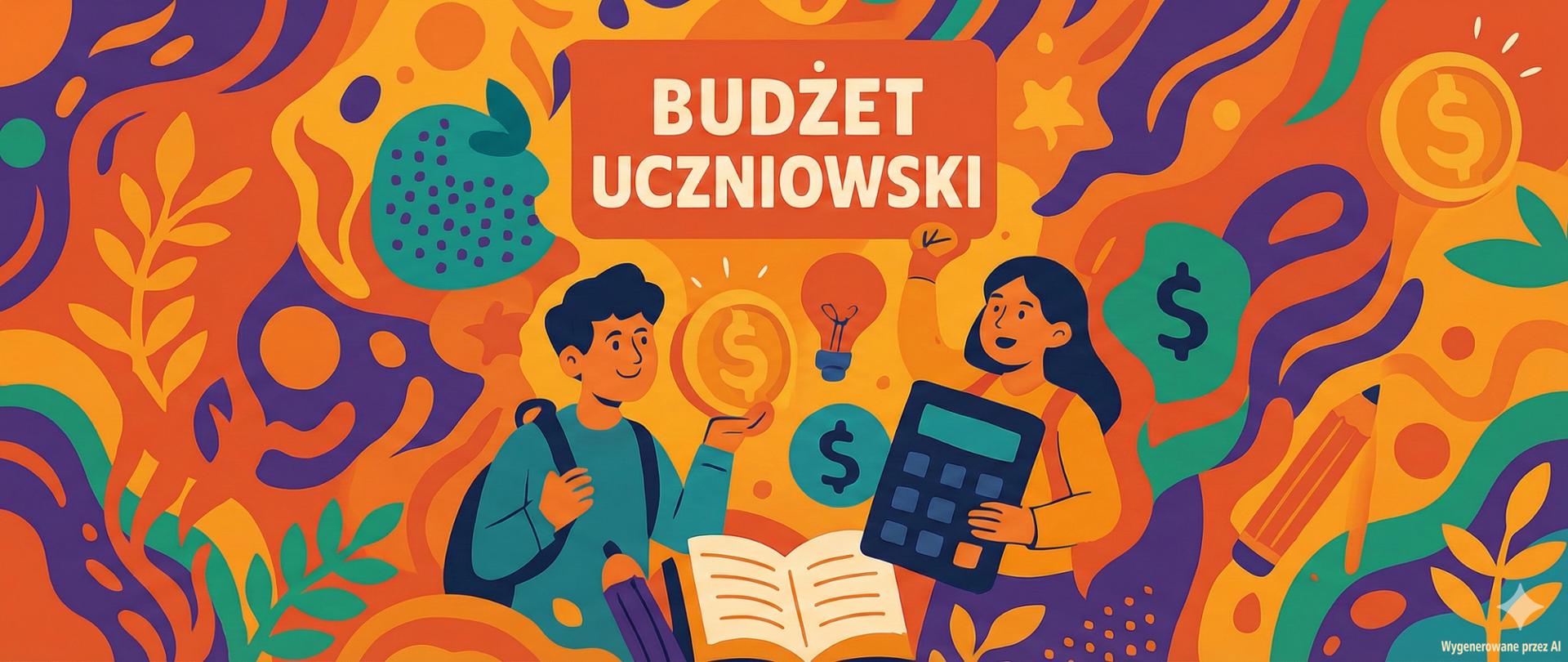 Kolorowy, poziomy baner w abstrakcyjnym stylu z motywami edukacyjnymi i finansowymi, w ciepłych kolorach pomarańczu, zieleni, fioletu i beżu. Tytuł: BUDŻET UCZNIOWSKI. Na banerze widać dwóch uczniów: chłopak trzyma dużą złotą monetę, a dziewczyna liczy na kalkulatorze, obok otwartej książki. W tle elementy graficzne takie jak znak dolara, żarówka, ołówek i gwiazdki.