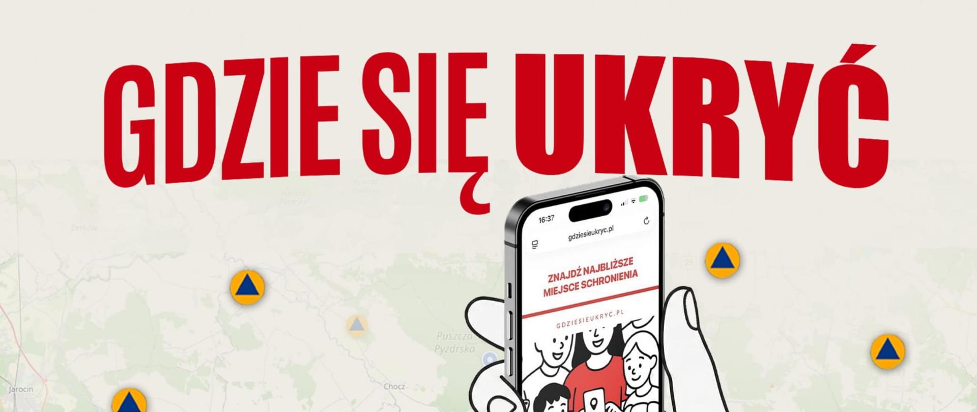 Grafika z telefonem trzymanym w ręce. W tle jest mapa