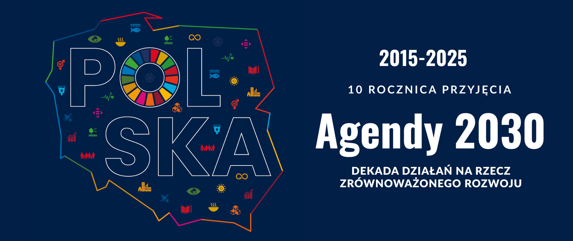 Grafika symbolizująca dziesięciolecie przyjęcia Agendy 2030, kontur mapy Polski w kolorach właściwych dla celów zrównoważonego rozwoju. Napis Polska otoczony symbolami celów.