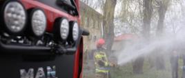 Na zdjęciu widoczny samochód pożarniczy a w tle strażak w ubraniu specjalnym koloru pisakowego w czerwonym hełmie podający wodę przy użyciu lancy mgłowej w tle budynek, drzewa i strażacy obserwujący pokaz sprzętu.
