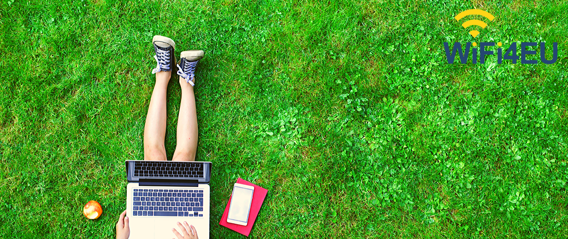Młody człowiek w trampkach z laptopem na kolanach siedzący na trawie