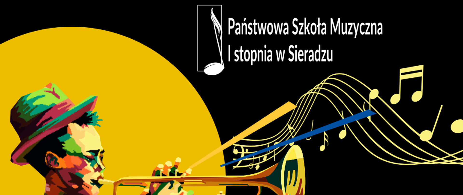Na czarnym tle postać kolorowego chłopca grającego na trąbce. Po prawej stronie informacja o zakończeniu roku szkolnego. Klasy I-III/6 o godzinie 15.30, klasy IV-V cyklu sześcioletniego oraz klasy I-II cyklu czteroletniego o godzinie 16:30, klasy VI cyklu sześcioletniego oraz III- IV cyklu czteroletniego o godzinie 17:30. Na dole napis Sala koncertowa. 