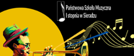 Na czarnym tle postać kolorowego chłopca grającego na trąbce. Po prawej stronie informacja o zakończeniu roku szkolnego. Klasy I-III/6 o godzinie 15.30, klasy IV-V cyklu sześcioletniego oraz klasy I-II cyklu czteroletniego o godzinie 16:30, klasy VI cyklu sześcioletniego oraz III- IV cyklu czteroletniego o godzinie 17:30. Na dole napis Sala koncertowa. 