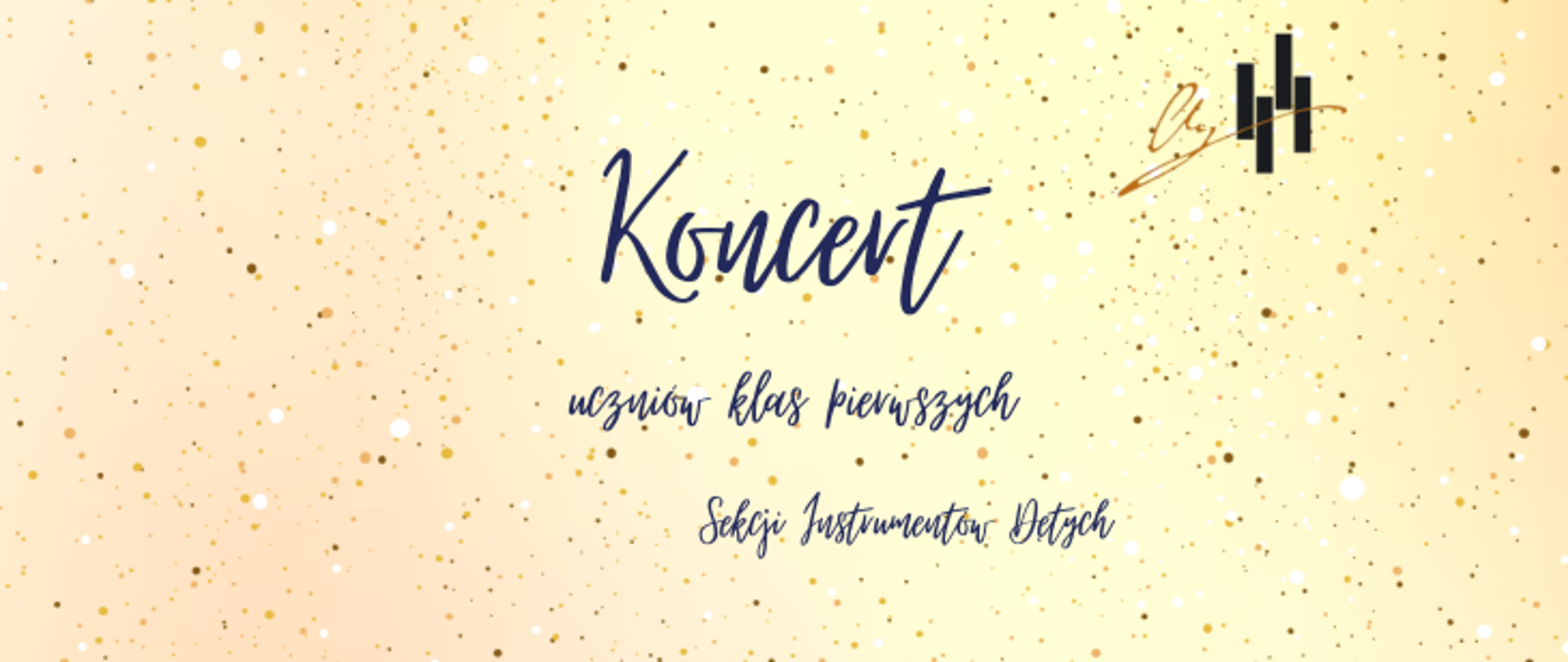 Plakat na żółtym tle z kolorowymi małymi kropeczkami. Na środku pełna nazwa koncertu oraz wykonawców, po prawej stronie w lewym górnym rogu logo szkoły