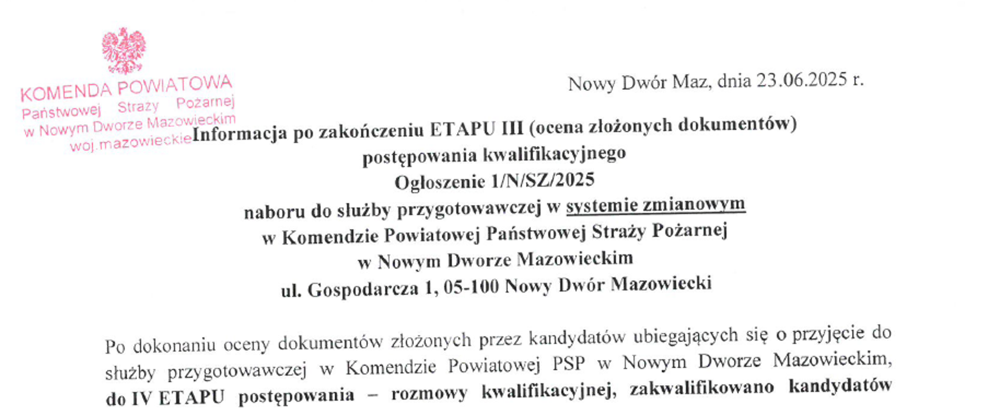Informacja po zakończeniu etapu III naboru do służby