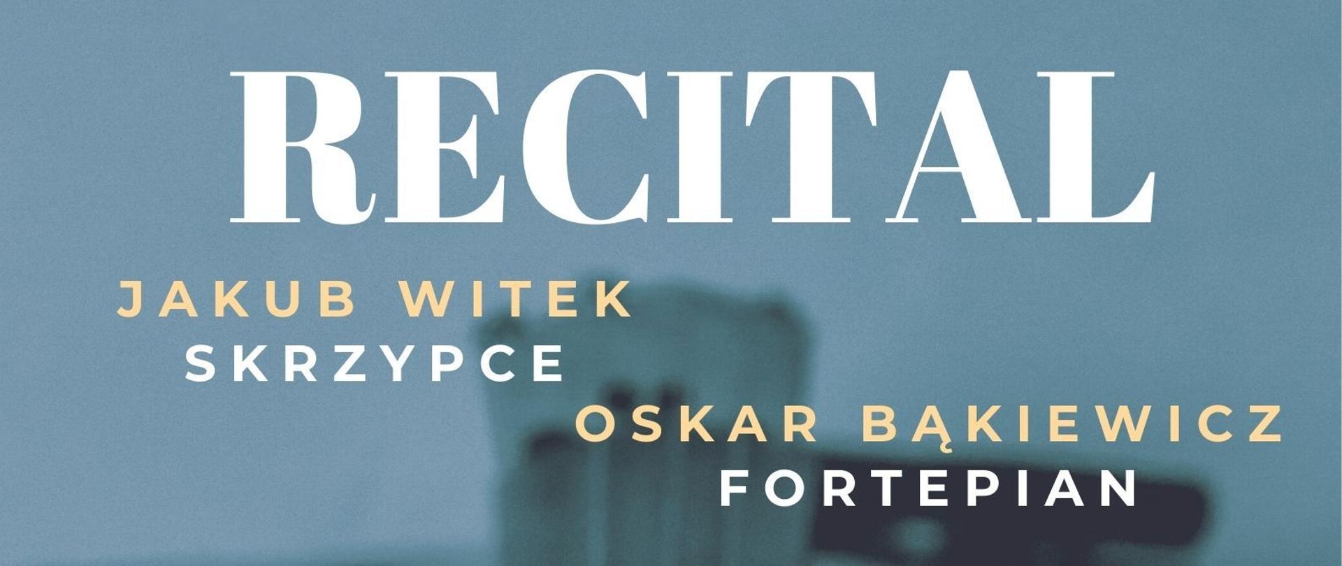 Białe i złote napisy zapowiadające koncert instrumentalny. W tle zdjęcie leżących skrzypiec na szarym tle. W prawym dolnym rogu logo szkoły.