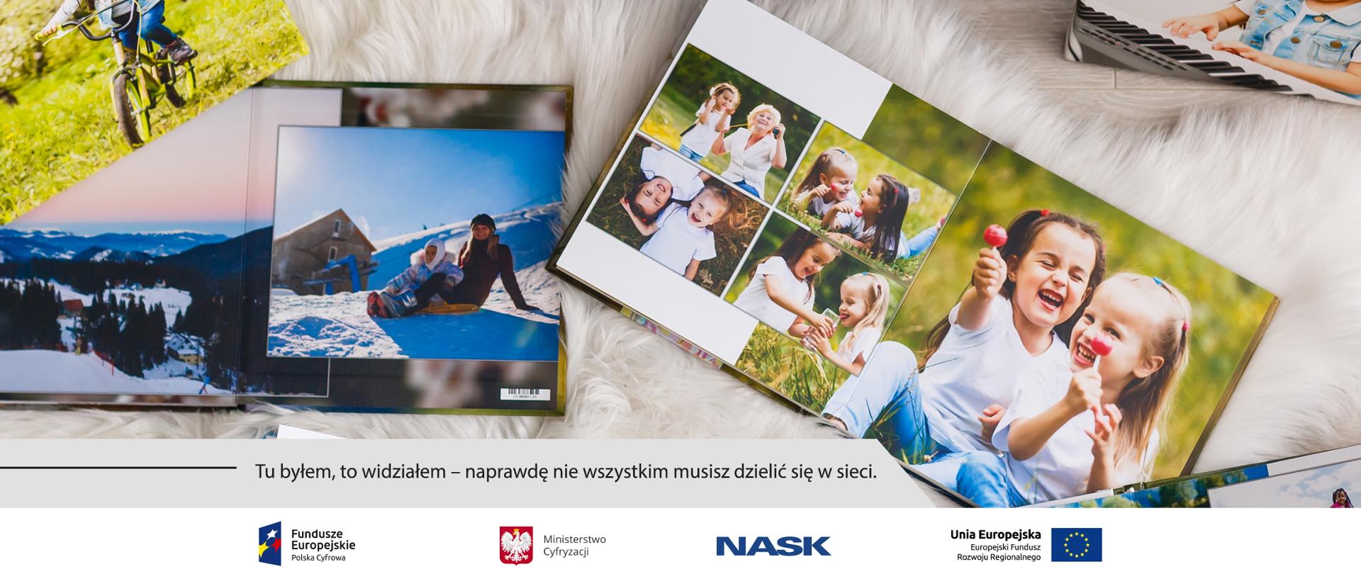 Grafika. Kolaż rodzinnych zdjęć z wakacji i ferii zimowych. Obok napis: Tu byłem, to widziałem - naprawdę nie wszystkim musisz dzielić się w sieci.