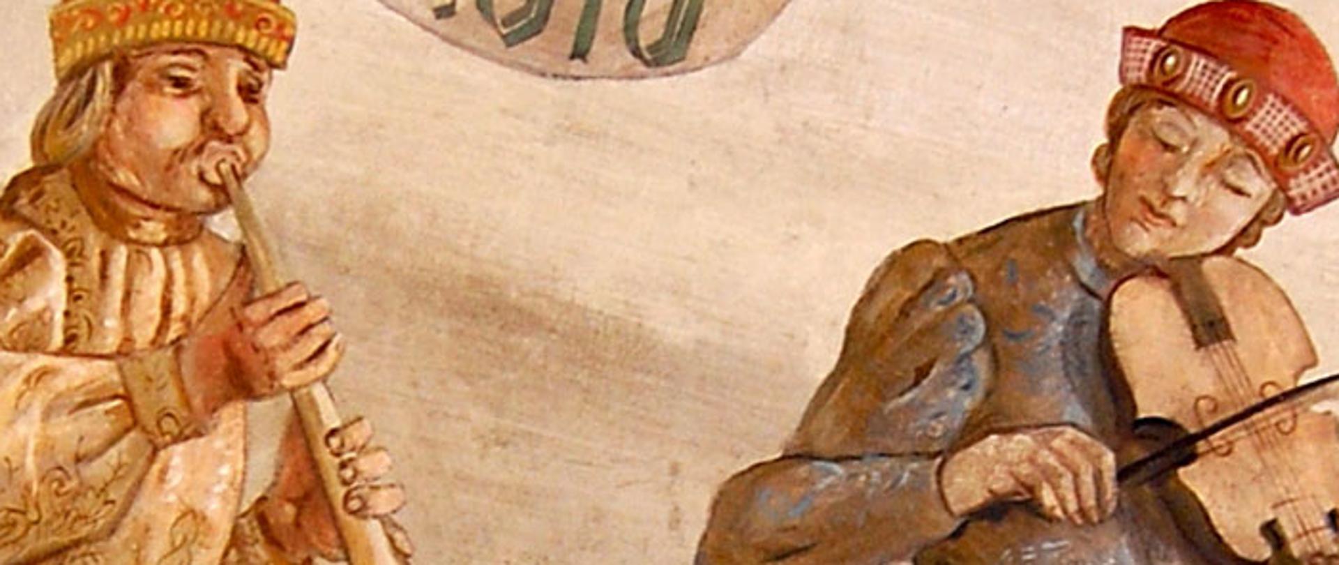 Grafika przedstawiająca średniowiecznych muzyków grających na różnych instrumentach