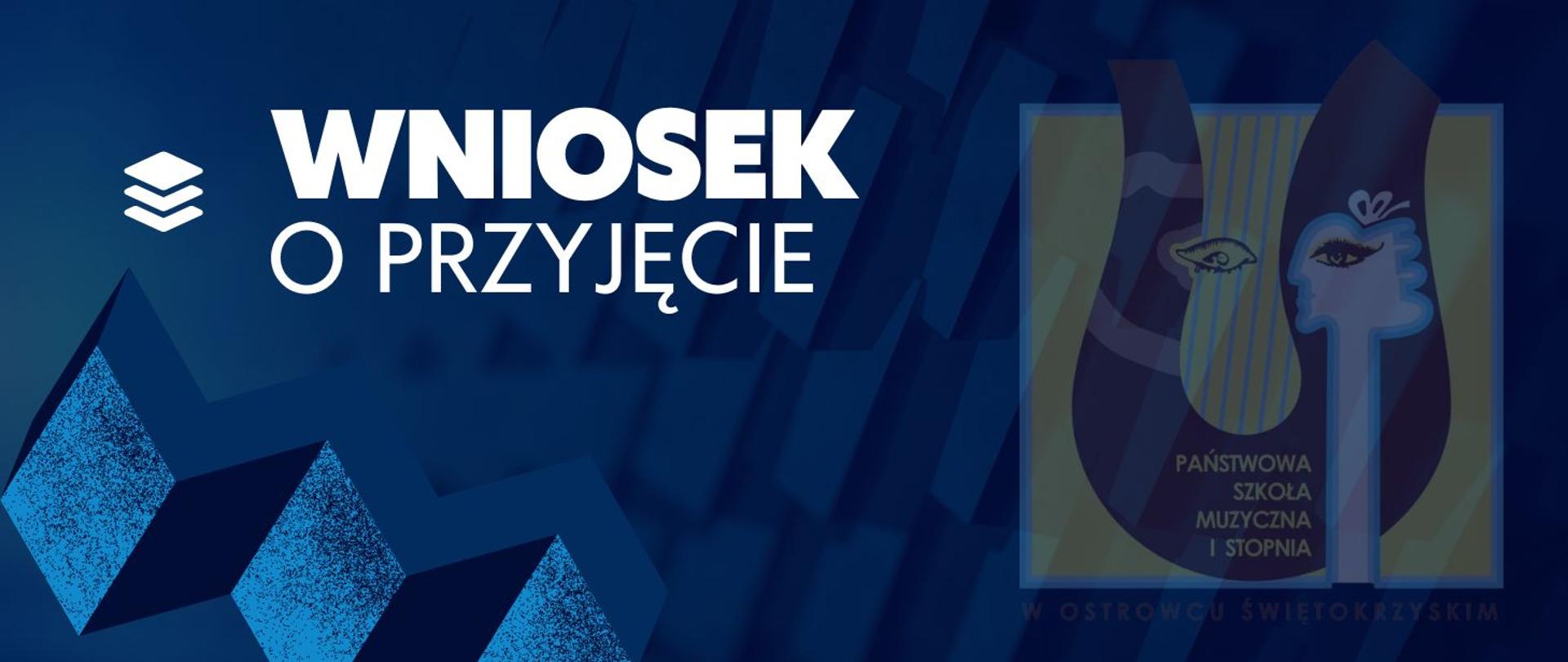 białe napisy na niebieskim tle z logo szkoły muzycznej w kolorze żółto-brązowym
