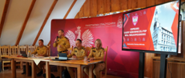 Funkcjonariusze Państwowej Straży Pożarnej podczas odprawy kadry kierowniczej PSP województwa wielkopolskiego w Dziekanowicach. Jeden ze strażaków przemawia do uczestników spotkania, siedzących przy stole konferencyjnym. W tle widoczna jest ścianka z logo PSP oraz ekran prezentacyjny z informacją o odprawie.