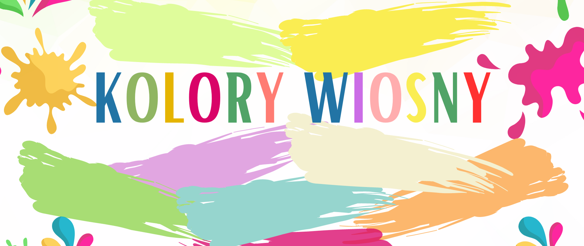 na jasnym, ozdobionym pociągnięciami pędzla w różnych pastelowych kolorach niebieskie napisy, u góry z lewej logo szkoły, na środku po bokach kolorowe kleksy, na dole grafika zielonej łąki z żółtymi kwiatami