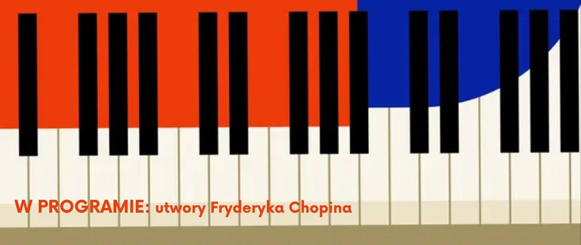 Plakat w pionie informujący o koncercie muzyki fortepianowej "Chopin lirycznie - rodzinnie", który odbędzie się 14 czerwca o godzinie 18:30. Plakat w kolorystyce beżu, czerwieni i niebieskiego. Pośrodku plakatu dwie figury geometryczne w kolorze z lewej strony czerwieni, z prawej niebieskiego koła, na których są wymienione nazwiska wykonawców koncertu. Pod nimi klawiatura fortepianu. 