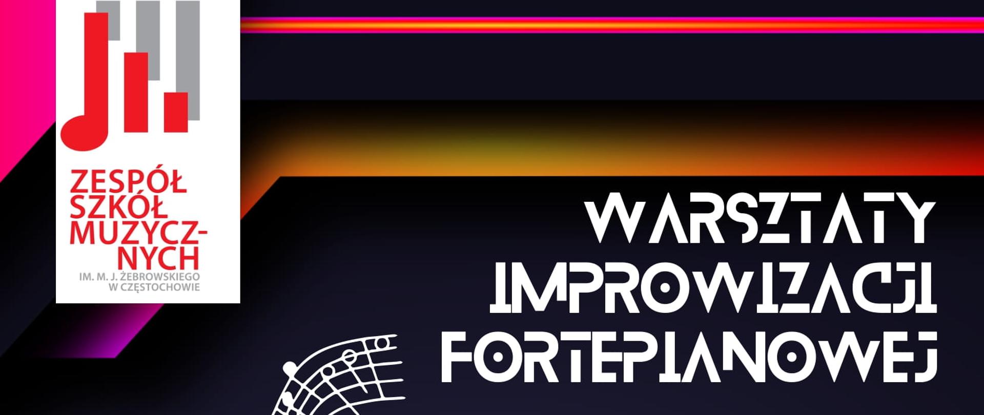 Na czarnym znajdują się jaskrawe elementy niebiesko-różowe oraz żółto-pomarańczowe i czerwone. W lewym górnym rogu logo szkoły. Obok wygięty zapis nutowy, nazwa imprezy, nazwisko wykładowcy. W części dolnej rysunek klawiatury i program imprezy