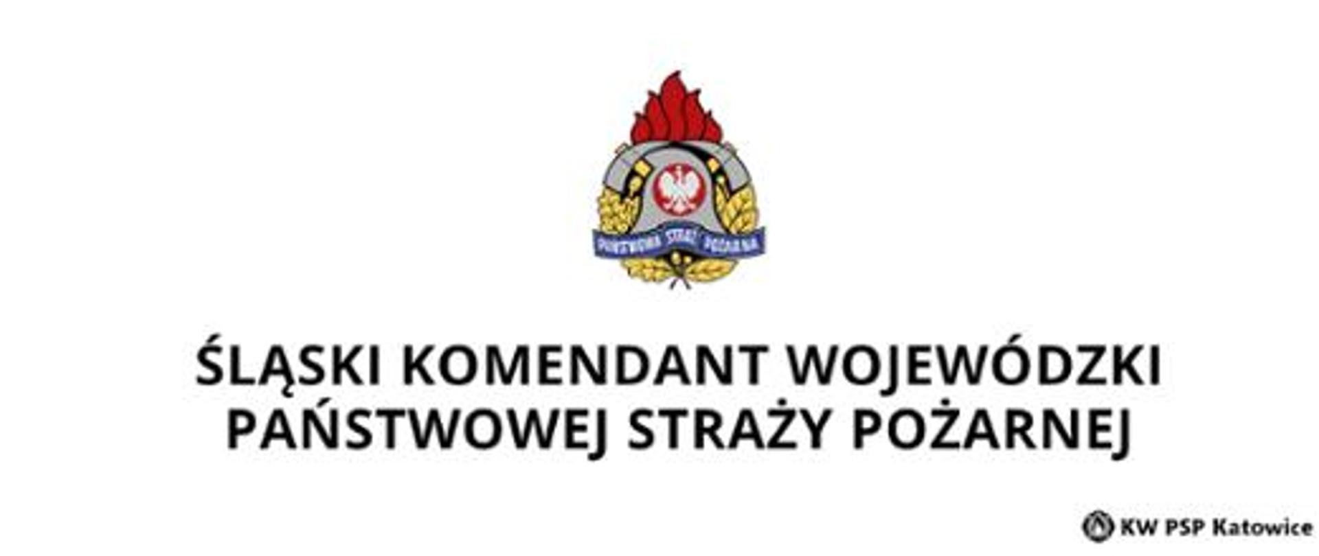 W centralnej części logo PSP, pod spodem napis Śląski Komendant Wojewódzki Państwowej Straży Pożarnej, w prawym dolnym rogu KW PSP Katowice