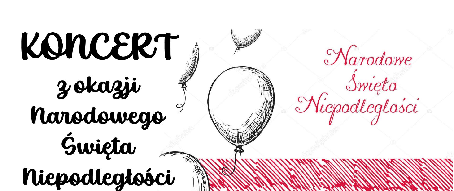Plakat na biało czerwonym tle. Z lewej strony informacja o koncercie w kolorze czarnym.