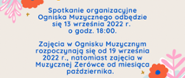Na kremowym tle z kolorowymi kwiatkami w rogach kartki niebieskie litery informujące o spotkaniu organizacyjnym.