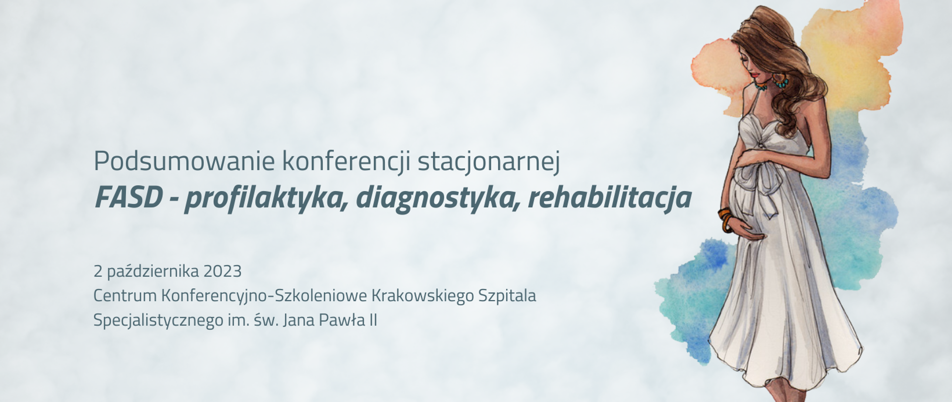 Kobieta w białej sukni trzyma się za brzuch ciążowy