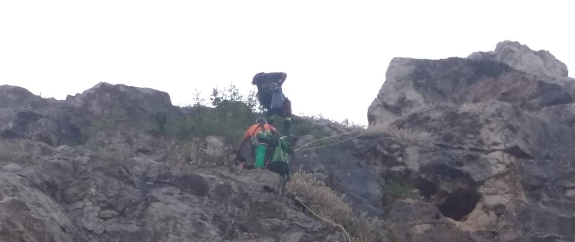 Zdjęcie przedstawia dwóch strażaków wspinających się po skałach w celu dotarcia do mężczyzny potrzebującego pomocy.
