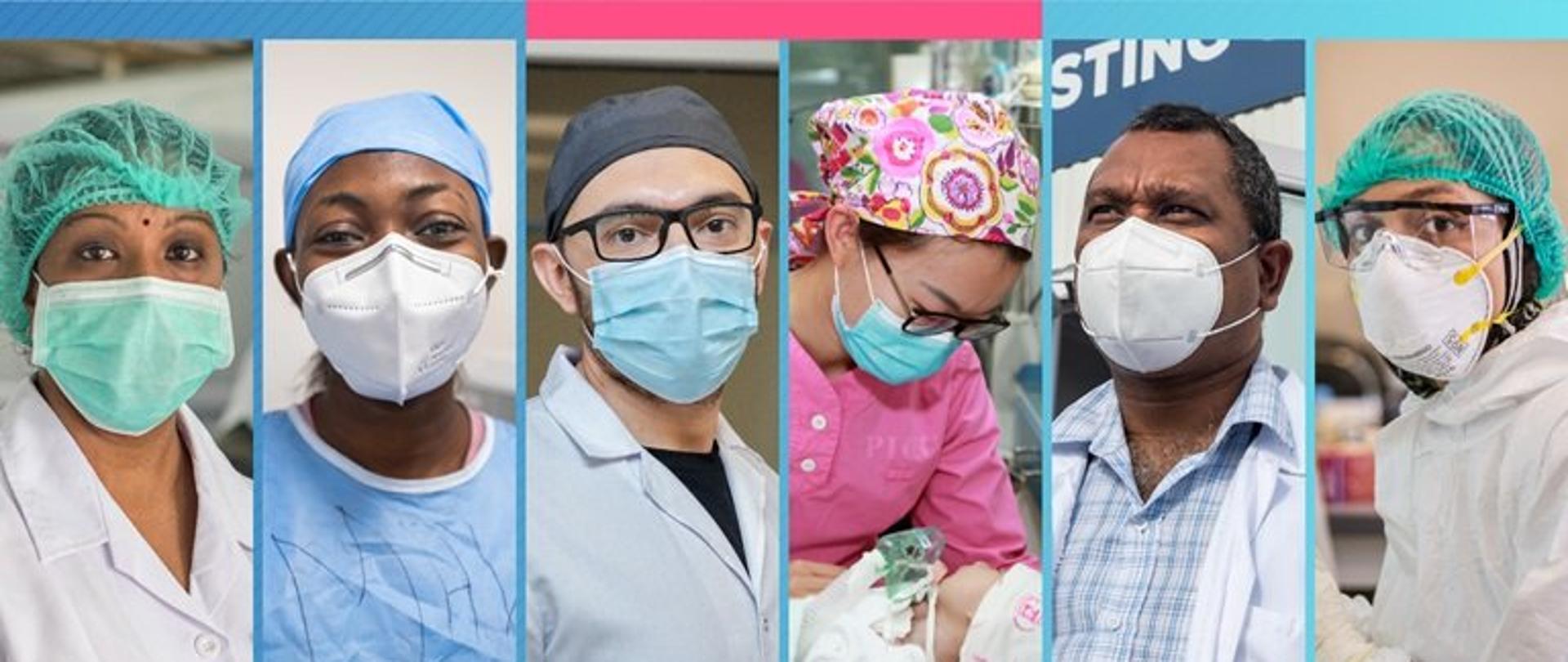 Opis zdjęcia: Zdjęcie ukazuje 4 postaci pracowników medycznych różnych narowiści. Twarze zasłonięte maseczkami., na głowie czepki. Pierwsza postać – kobieta – Hinduska w białym fartuchu w zielonym czepku i z zieloną maseczką. Druga postać czarnoskórego mężczyzny ubrany w błękitny fartuch i czepek, maseczka na twarzy koloru białego. Trzecia postać mężczyzna jasnej karnacji w okularach w białym fartuchu i czarnej koszulce z czepek i maseczka koloru błękitnego. Czwarta postać – Azjatka w różowym fartuchu, w okularach z chustką na głowie w kolorowe wzorki, z błękitną maseczką na twarzy. Piata postać to Latynos w maseczce białej. W białym fartuch, spod którego widać koszulę w błękitną kratkę. Szósta postać – mężczyzna w białym fartuchu pod szyję, w przyłbicy i maseczce koloru białego oraz zielonym czepku. 