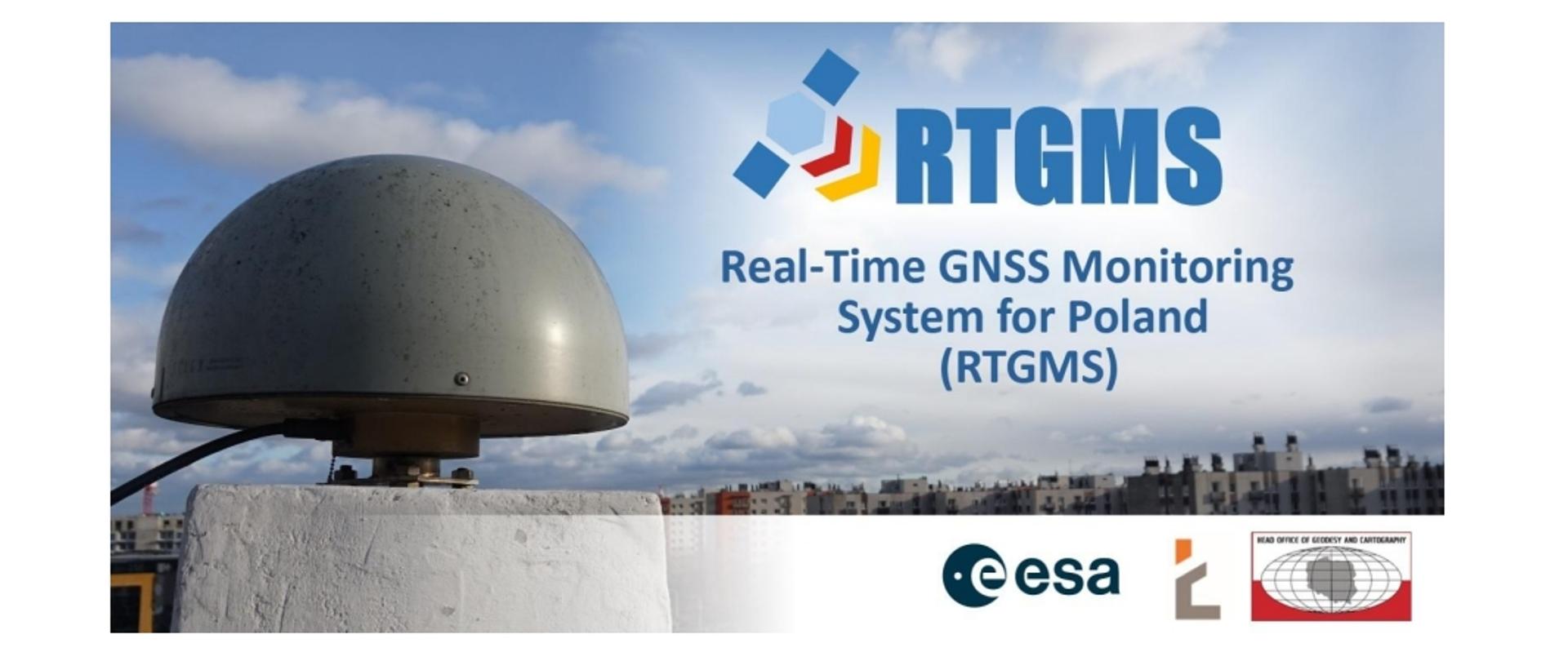 Rysunek przedstawia nazwę projektu na tle anteny GNSS stacji referencyjnej, na dole strony logo instytucji ESA, IŁ i GUGiK.