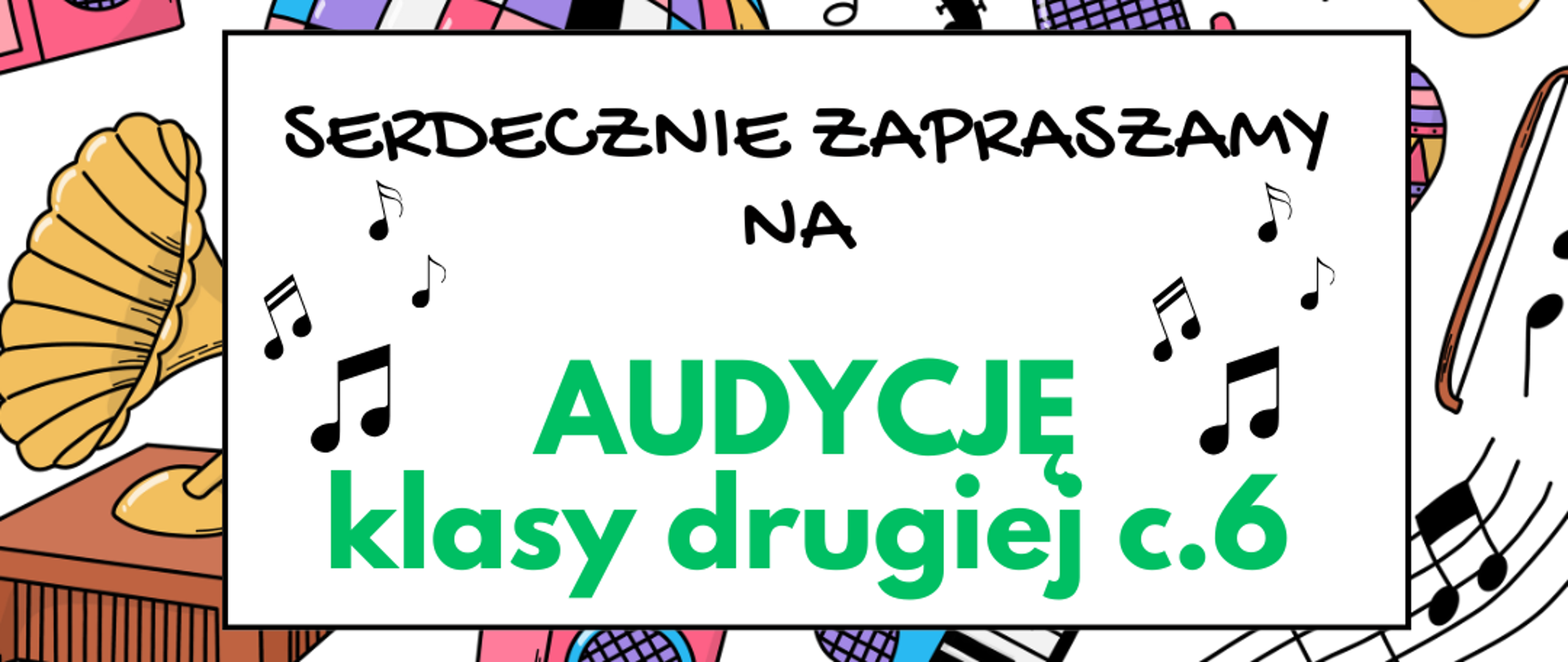 biały plakat z kolorowymi rysunkami instrumentów. 